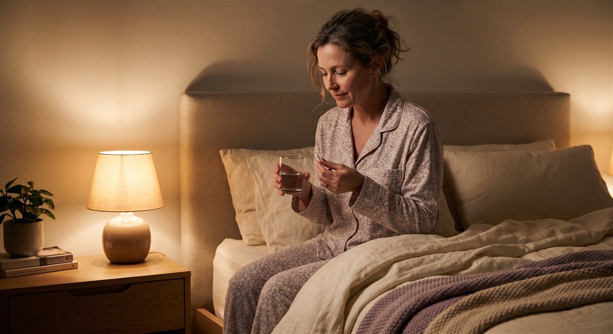 Mulher sentada na cama, de noite, a tomar um suplemento de magnésio com um copo de água — o ritual antes de deitar